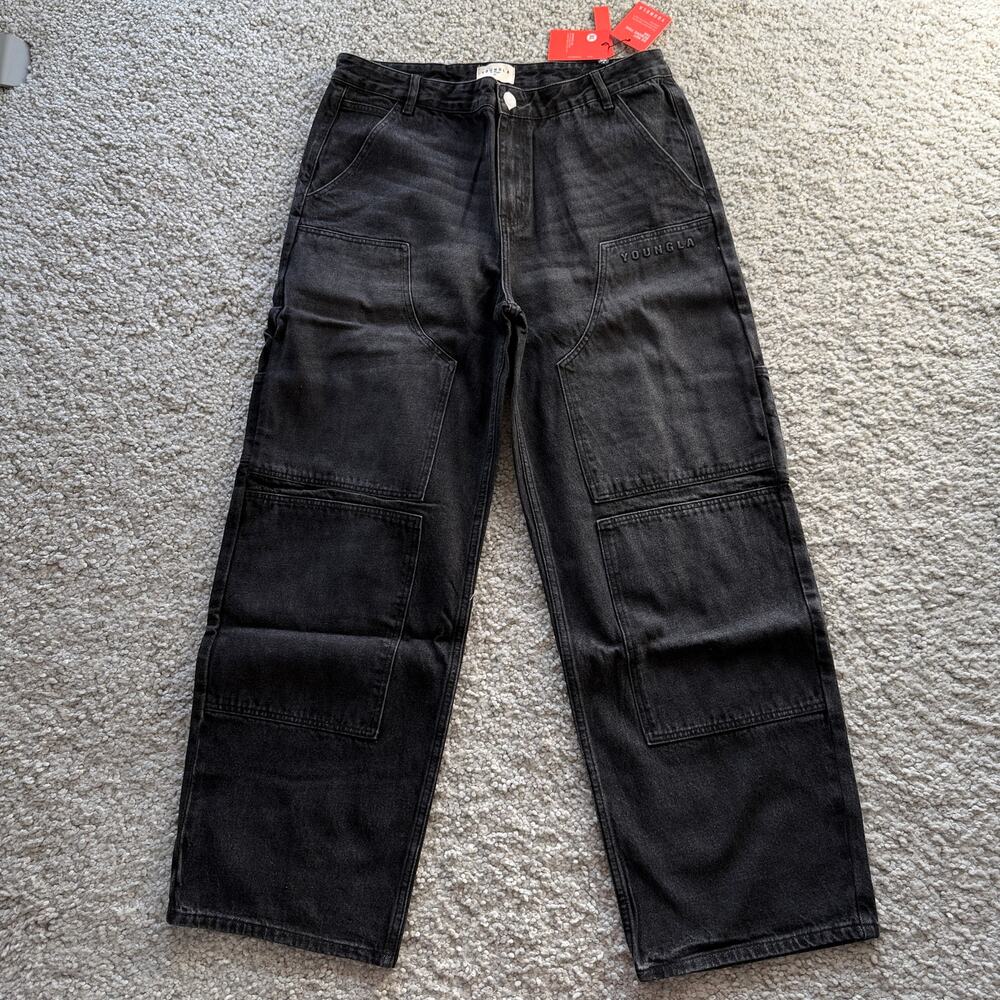 Men's YoungLA (SoldOut) 6015 WorkwearDoubleKneeJeans NWT XL BlackWashed